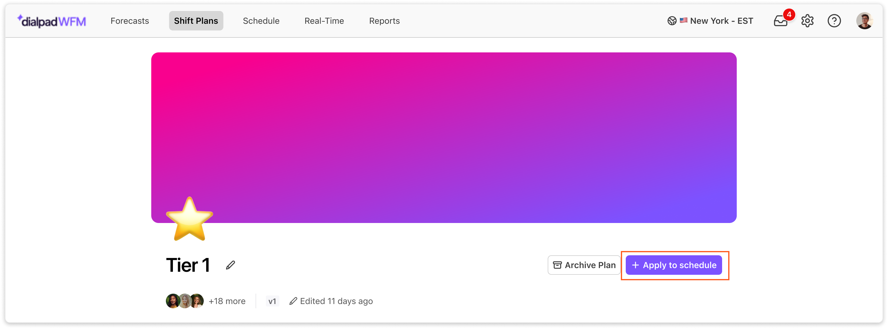 Dashboard displaying Tier 1 plan with options to archive and apply to schedule.